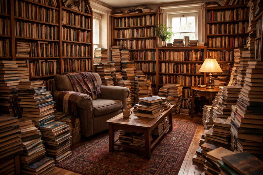 a room in a house overstuffed with books