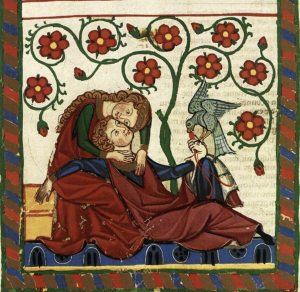 Manuscript illumination showing two lovers reclining