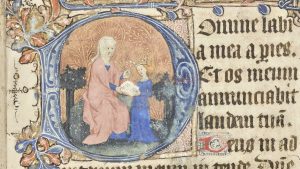 Illuminated manuscript detail with St. Anne and Virgin