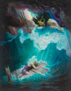 Odysseus clings to his raft as Poseidon looks on from a towering wave