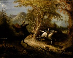 A man on a horse flees terrified from a headless rider behind him.