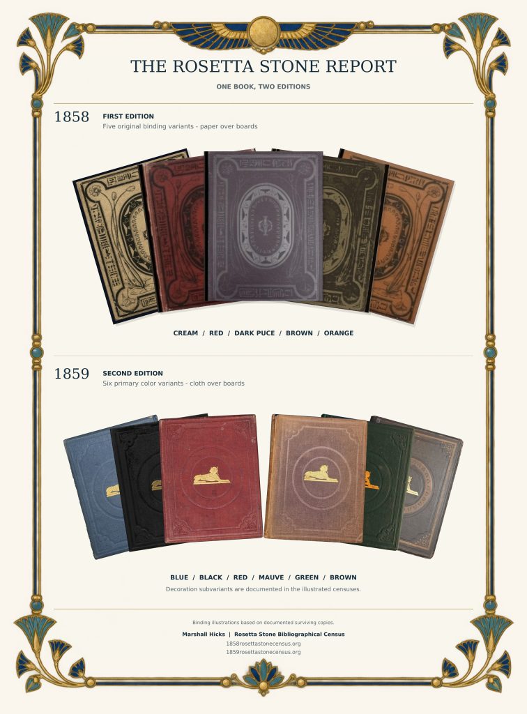 Illustrated reconstructions of the five original binding variants of the 1858 first edition, in decorated paper-covered boards (above), and the six principal cloth-binding colors of the 1859 second edition (below): blue, black, red, rose, green, gray.