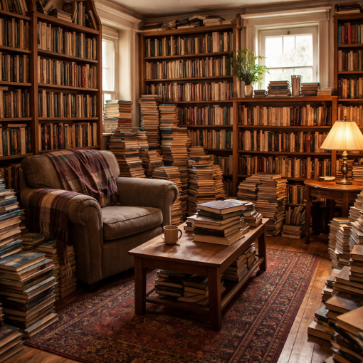 a room in a house overstuffed with books
