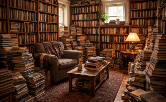 a room in a house overstuffed with books